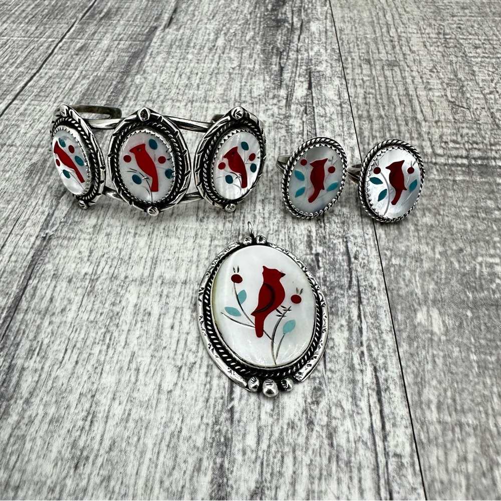 Vintage Zuni Cardinal Inlay Jewelry Set Bracelet Pendant Rings Sterling Silver